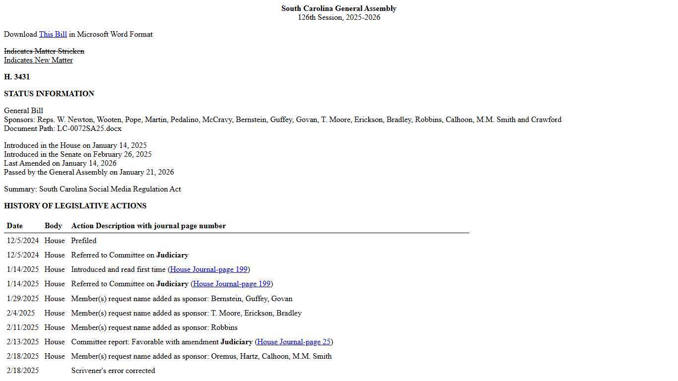 2025-2026 Bill 3431: South Carolina Social Media Regulation Act - South Carolina Legislature Online